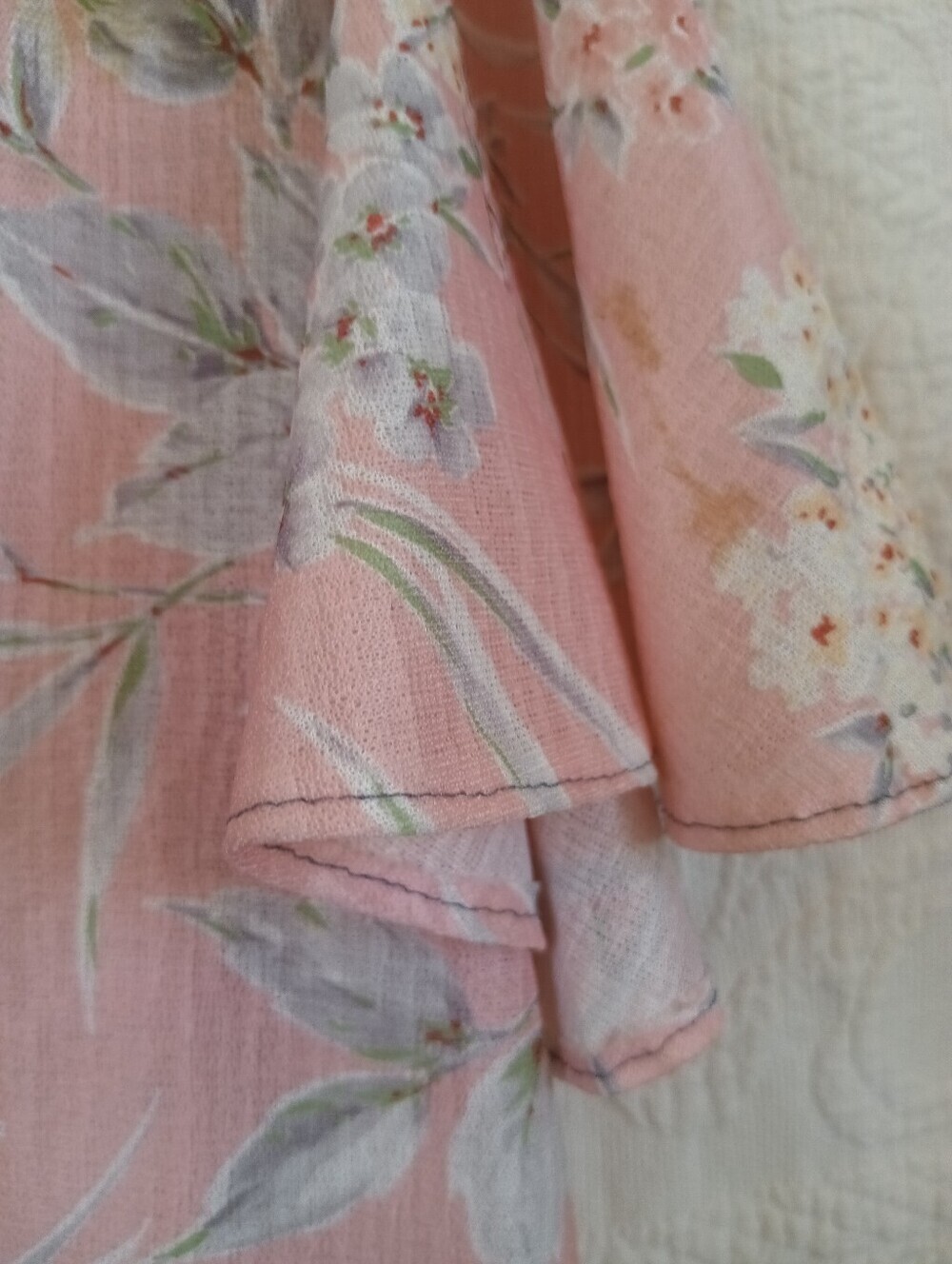 Vintage Blush Pink Floral V-Neck Flutter Sleeve Top Handmade 70s Crop Top Flowy - Picture 5 of 10
